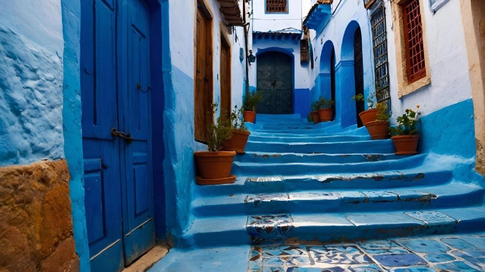 a narrow alleyway with blue painted stairs and pots of flowers, Chaouen Morocco