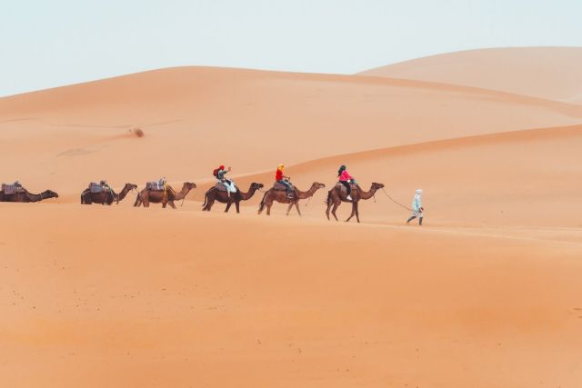 A camel trekking excursion across the golden sand dunes of Merzouga in the Sahara Desert, Morocco, with riders on camels moving through the vast Erg Chebbi dune landscape under a wide open sky.