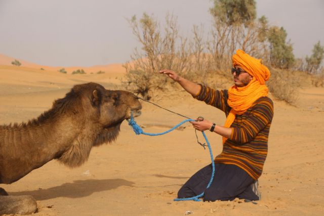 Berber camel guide in an orange turban with his camel in the sand dunes of M'hamid, Sahara desert