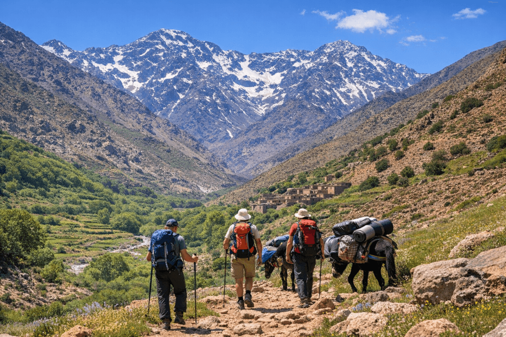 Travelers hiking through a valley in the High Atlas Mountains of Morocco