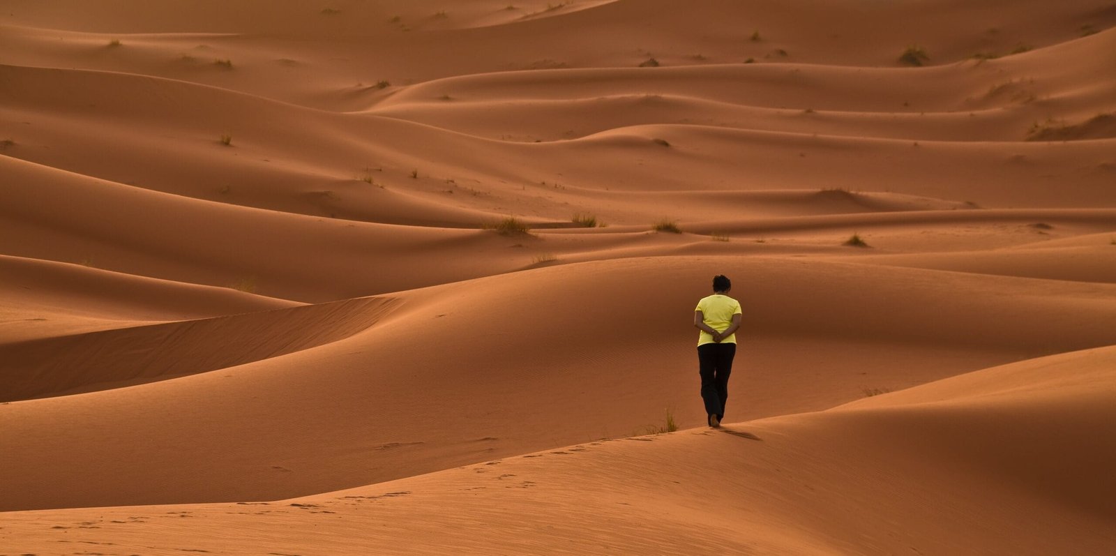 Traveler walking through Erg Chebbi dunes in Merzouga Sahara, Morocco