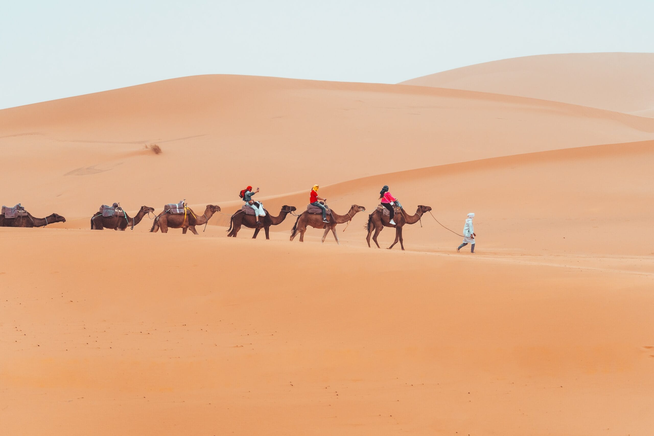 A camel trekking excursion across the golden sand dunes of Merzouga in the Sahara Desert, Morocco, with riders on camels moving through the vast Erg Chebbi dune landscape under a wide open sky.