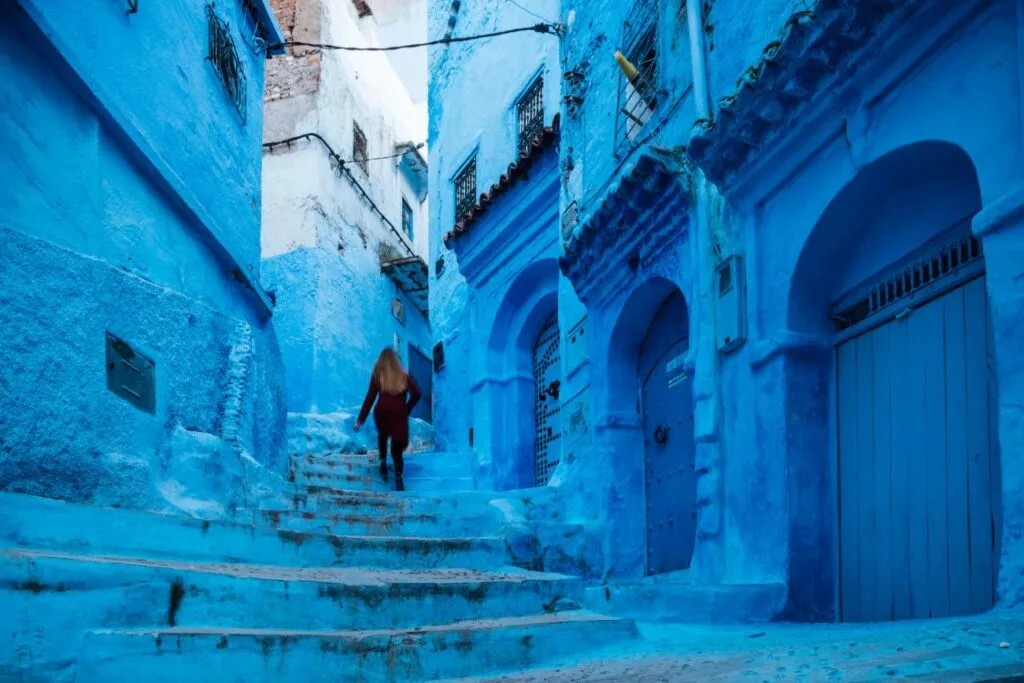 Narrow blue street in Chefchaouen, the famous Blue City of Morocco