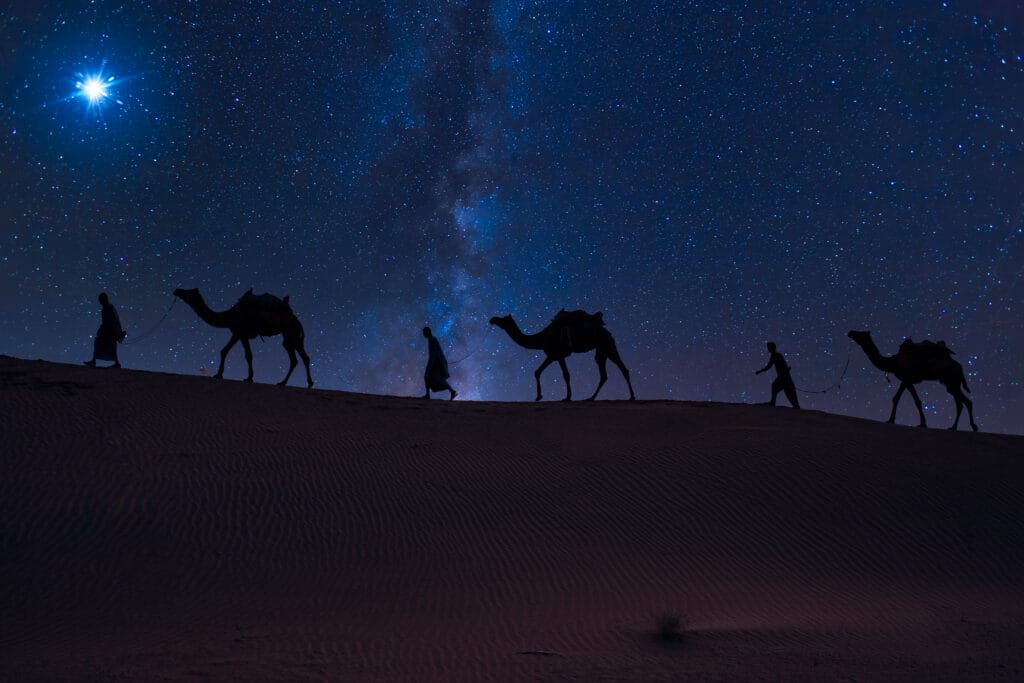 Camels walking across sand dunes in the Moroccan Sahara at night under a sky full of stars.