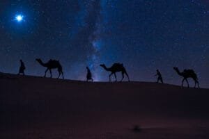 Camels walking across sand dunes in the Moroccan Sahara at night under a sky full of stars.
