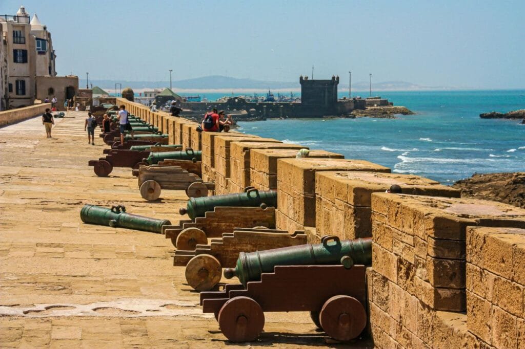 Historic cannons beside the old Portuguese ramparts near Essaouira Port.