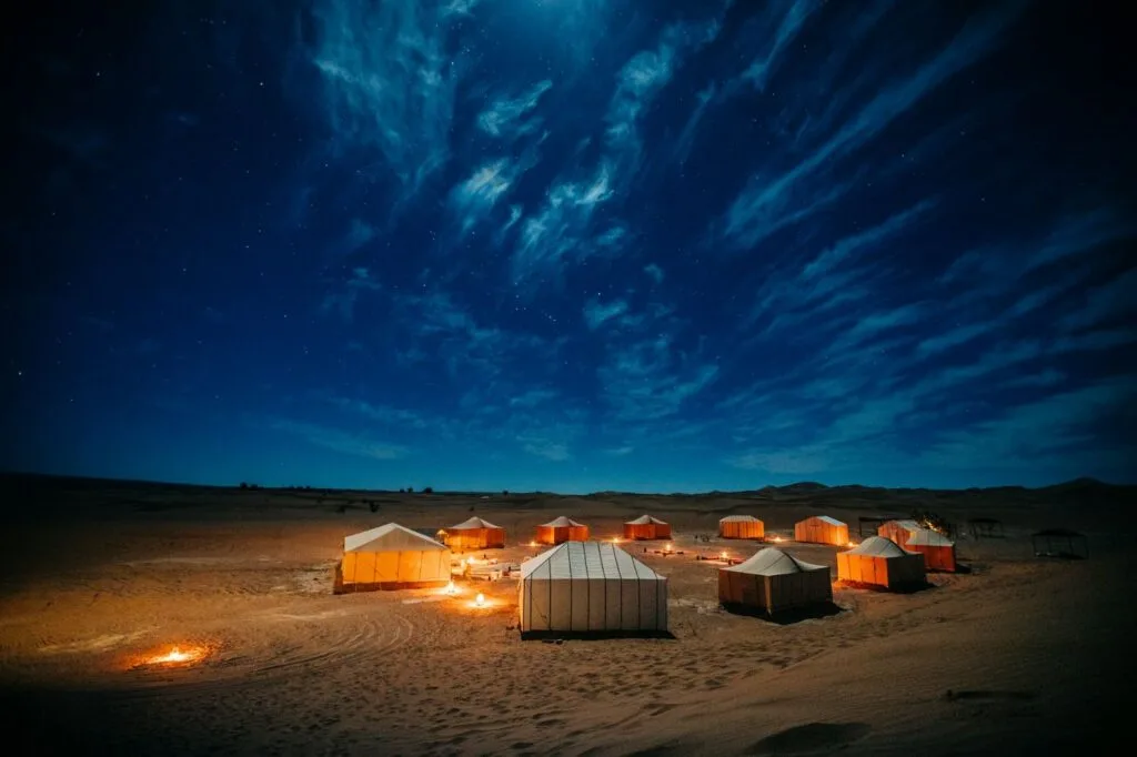 Sahara desert camp at night during a Marrakech desert tour in Morocco