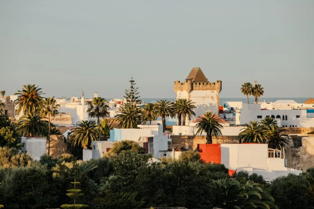 A narrow cobblestone lane winding through the whitewashed medina of Asilah, Morocco, adorned with colorful murals and potted plants, framed by blue-trimmed doorways and sun-drenched walls that reflect the town's blend of Moroccan heritage and contemporary street art culture.