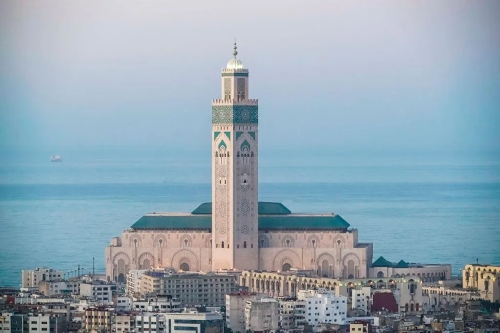 Hassan II Mosque overlooking the Atlantic Ocean in Casablanca, Morocco.