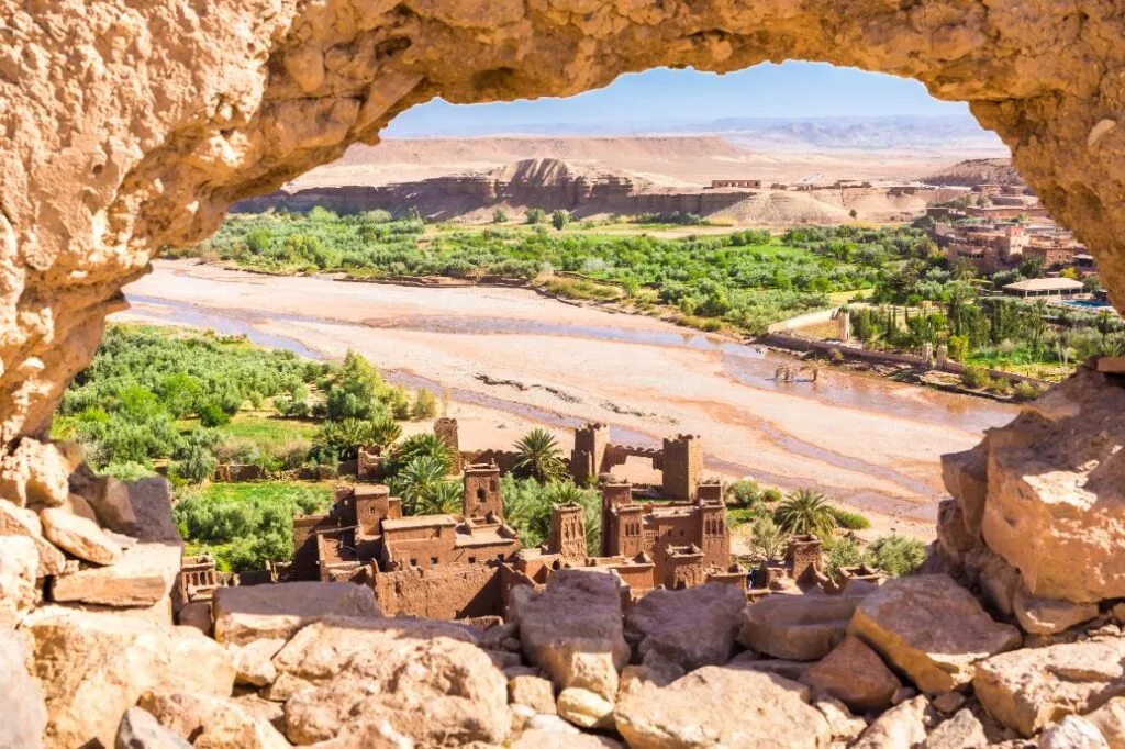 Historic ksar of Ait Ben Haddou, a UNESCO World Heritage site in Morocco with traditional adobe architecture.